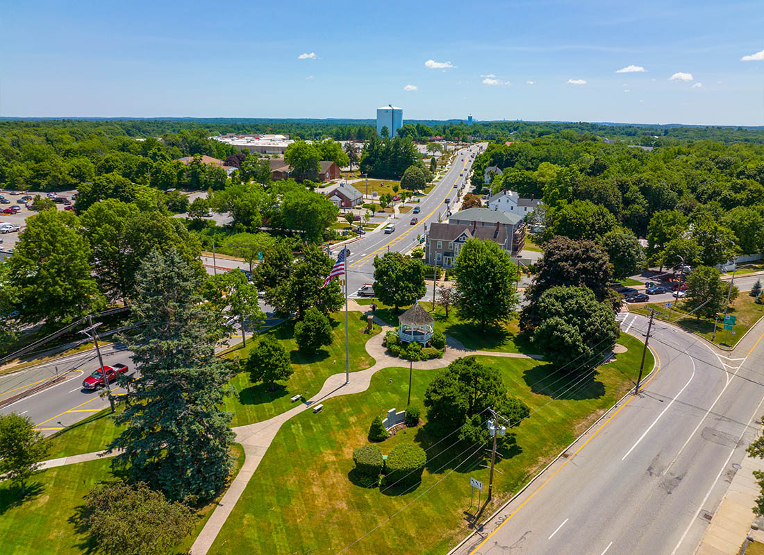 Billerica, MA - Aerial View of a Billerica Town and Boston Road in the Summer