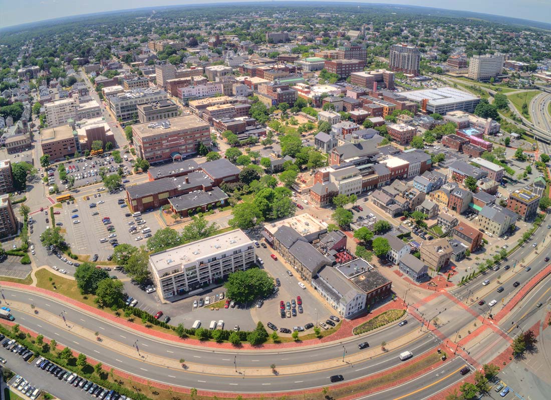 Medford, MA - Aerial View of Buildings in Downtown Medford Massachusetts